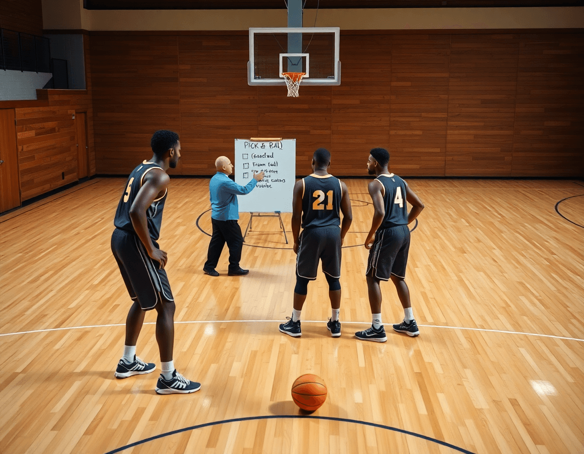 Le coach consulte les notes de scouting pendant que l'équipe exécute tactique attaque basket sur le terrain.