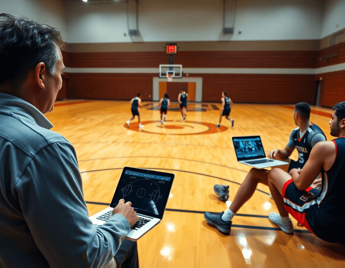 Le coach consulte les notes de scouting pendant que l'équipe étudie les jeux et applique tactique attaque basket.