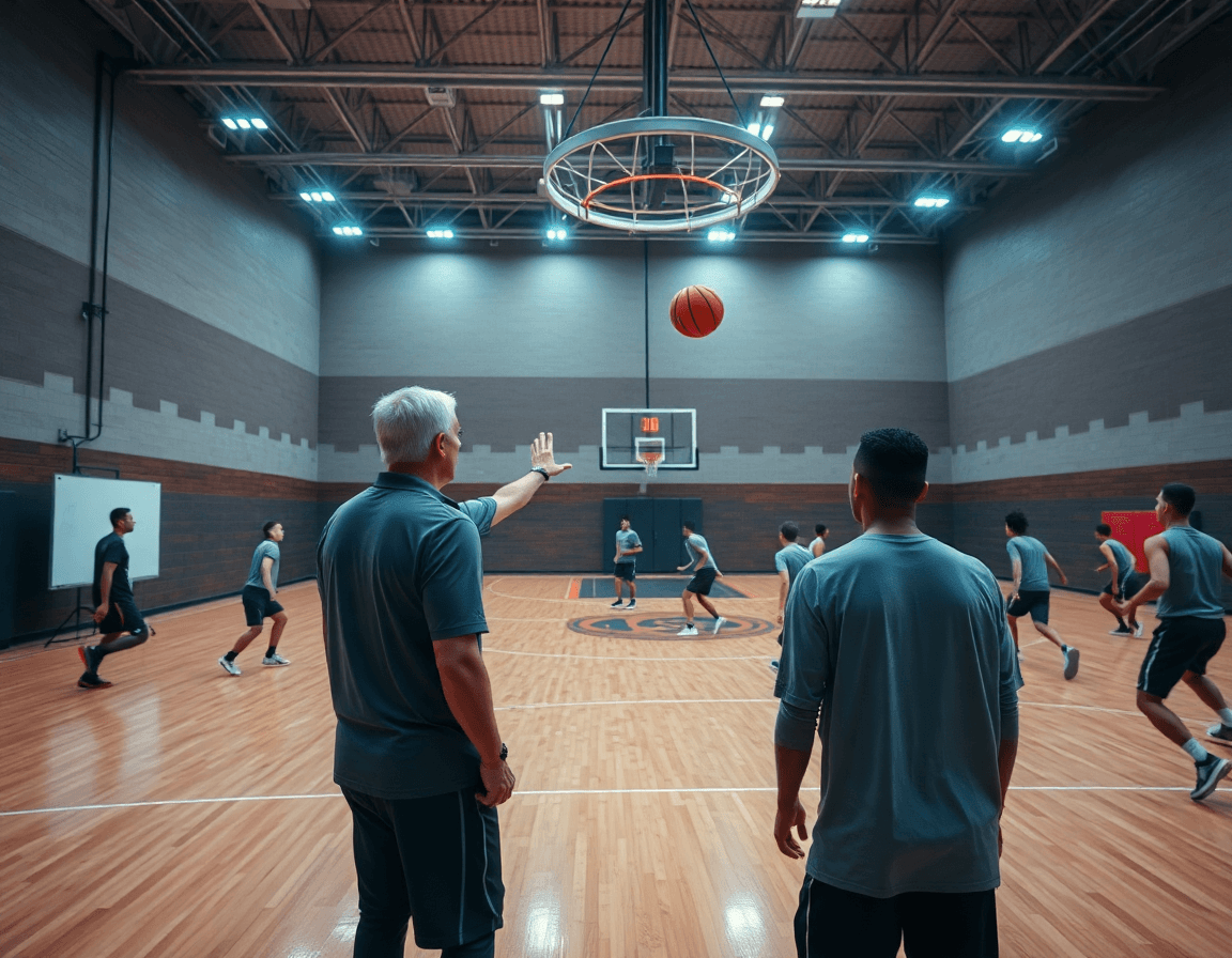 Vue d'ensemble d'un gymnase de basketball montrant l'entraîneur et l'équipe en tactique attaque basket.
