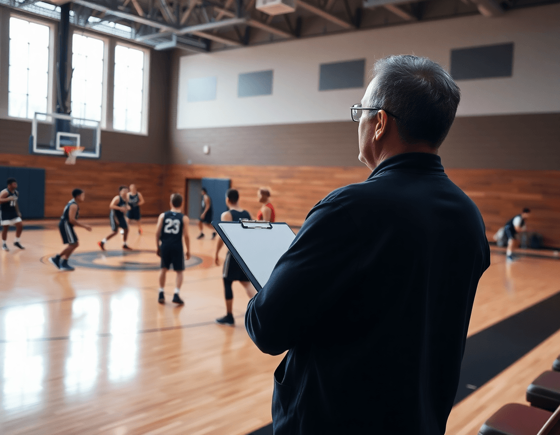 Plan serré d'un coach de basketball montrant tactique basket attaque à l'équipe pendant l'entraînement.