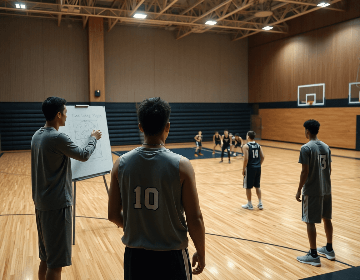 Plan serré d'un coach dessinant tactique basket attaque sur le tableau pendant une séance.