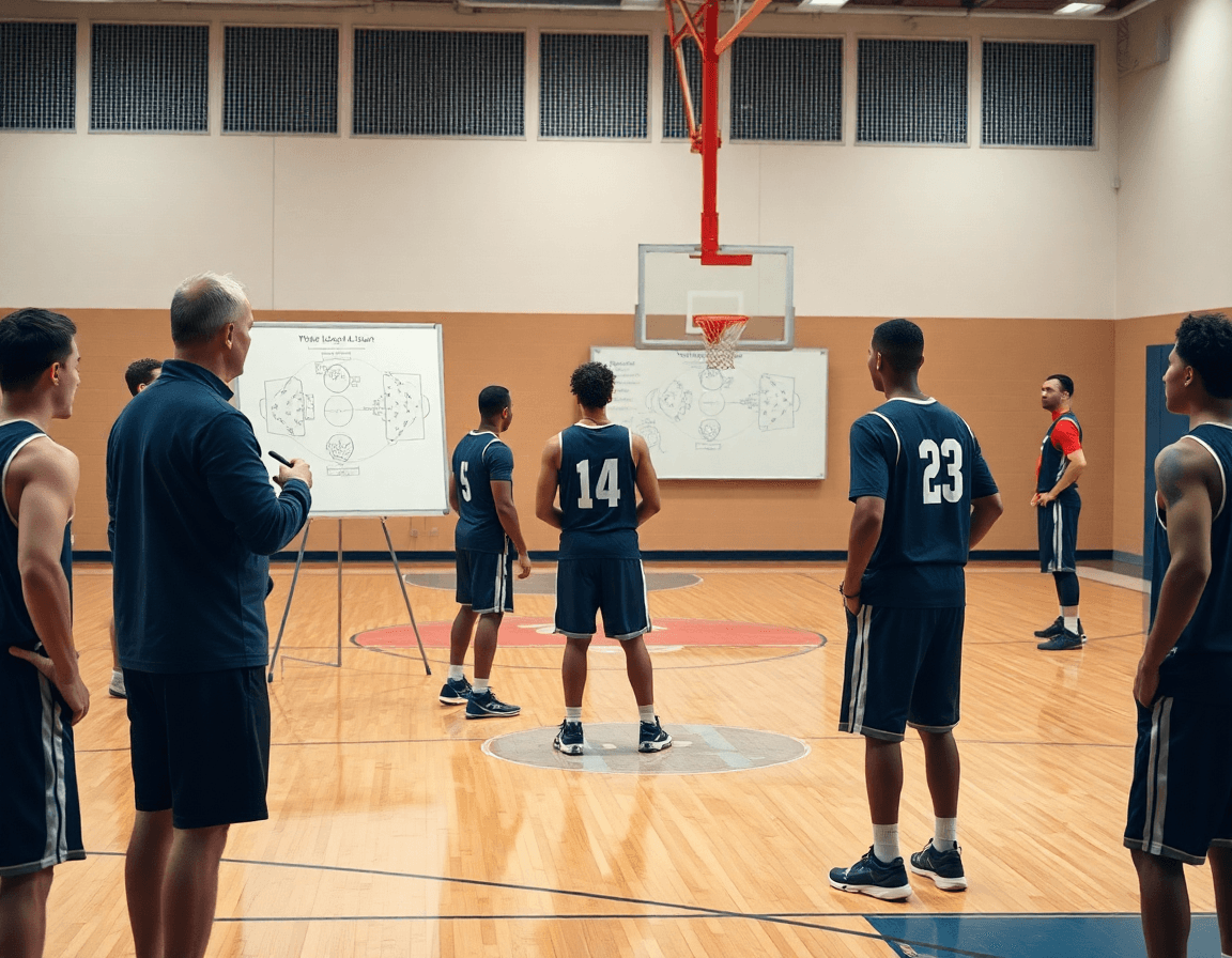Petite équipe autour du tableau passe en revue tactique basket attaque sur le terrain pendant l'entraînement.