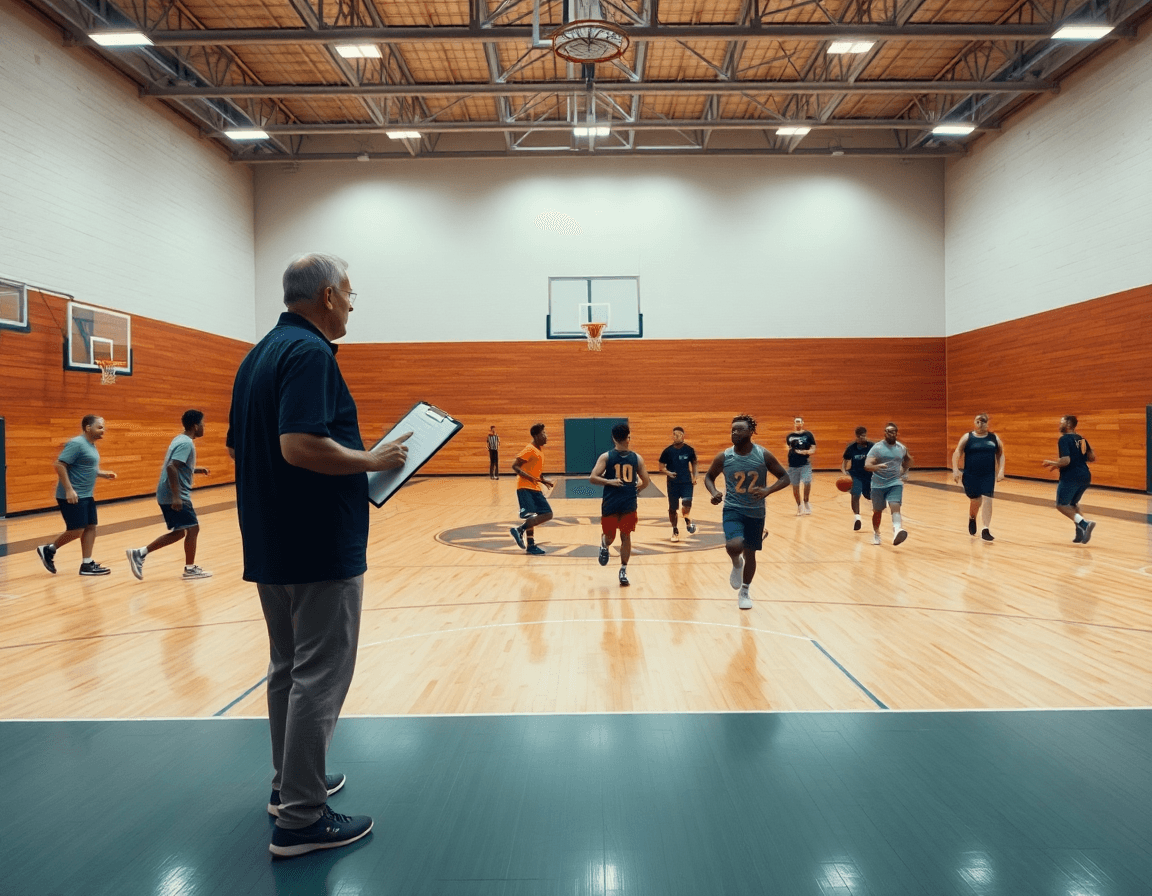 Vue large d'un gymnase de basketball où la tactique basket attaque guide l'équipe en séance.