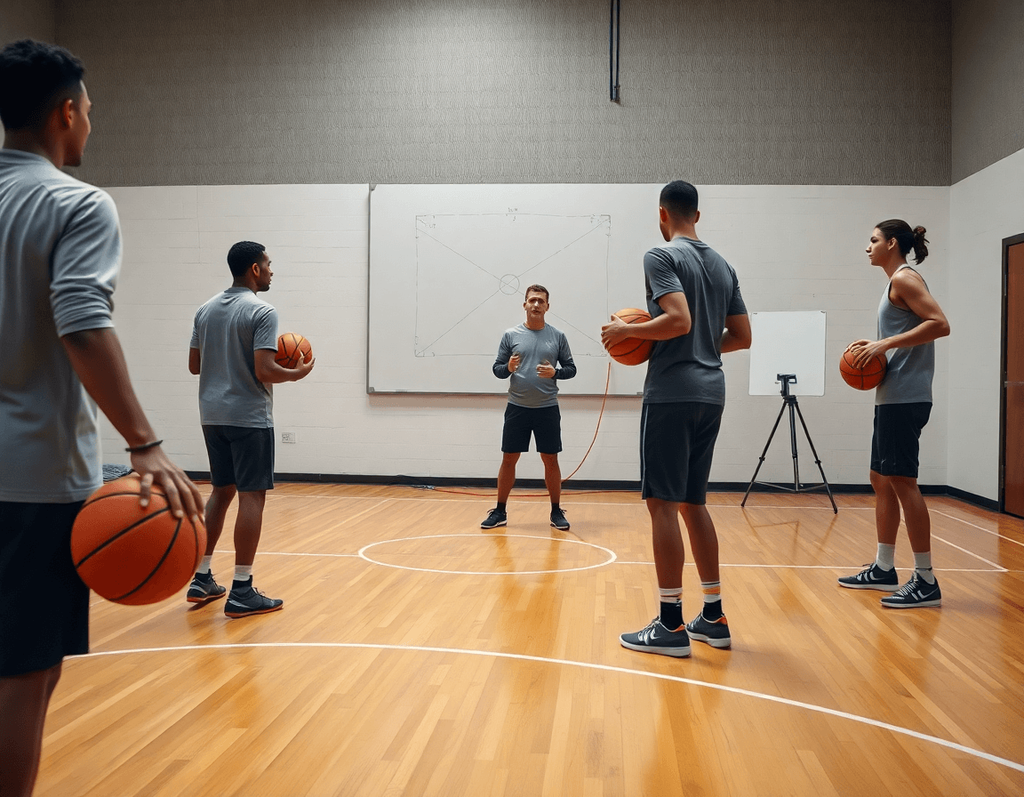 Plan serré sur l'entraîneur montrant la tactique basket et les gestes des joueurs.