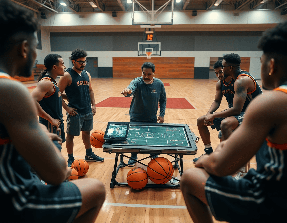 Gros plan autour d'une table tactique, coach et joueurs planifiant une tactique basket.