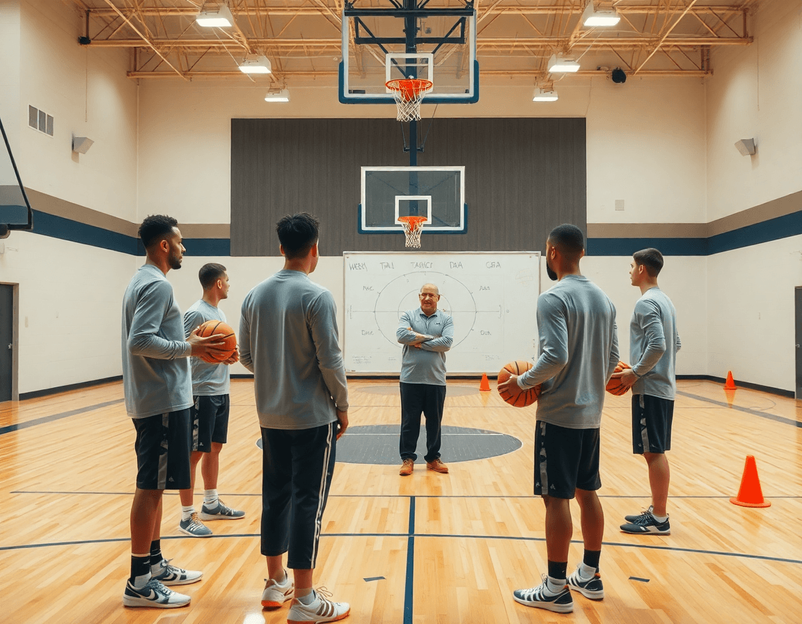 Vue générale du gymnase de basketball: tactique basket affichée et l'équipe écoute le coach.