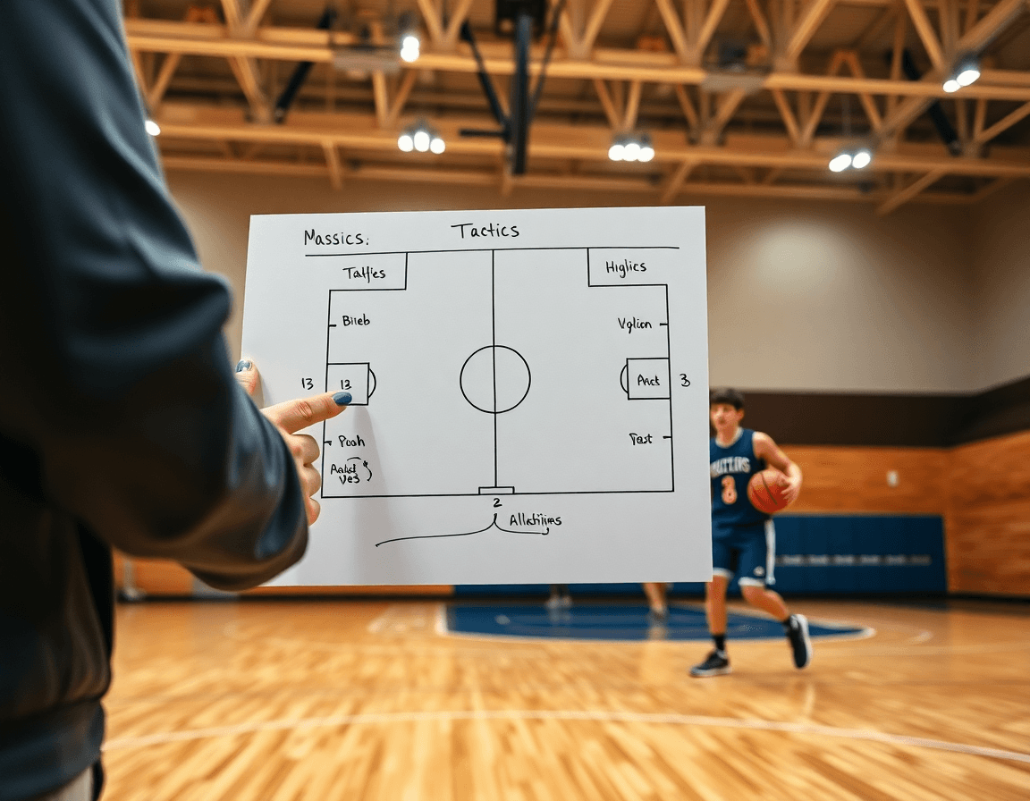 Gros plan sur le coach dessinant une situation tactique basket u11 sur le tableau pédagogique en gymnase.