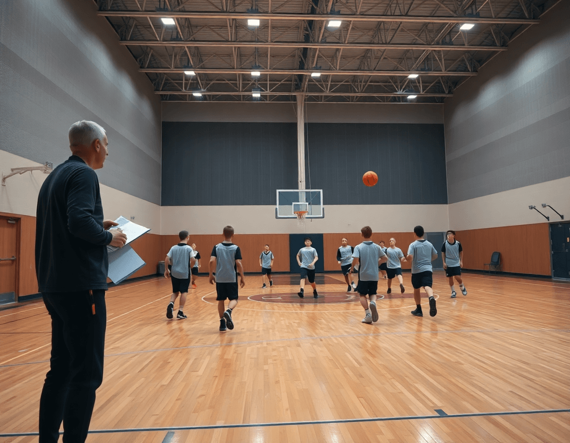Vue panoramique d'une séance de tactique basket u11 sur parquet, coach et jeunes en action.