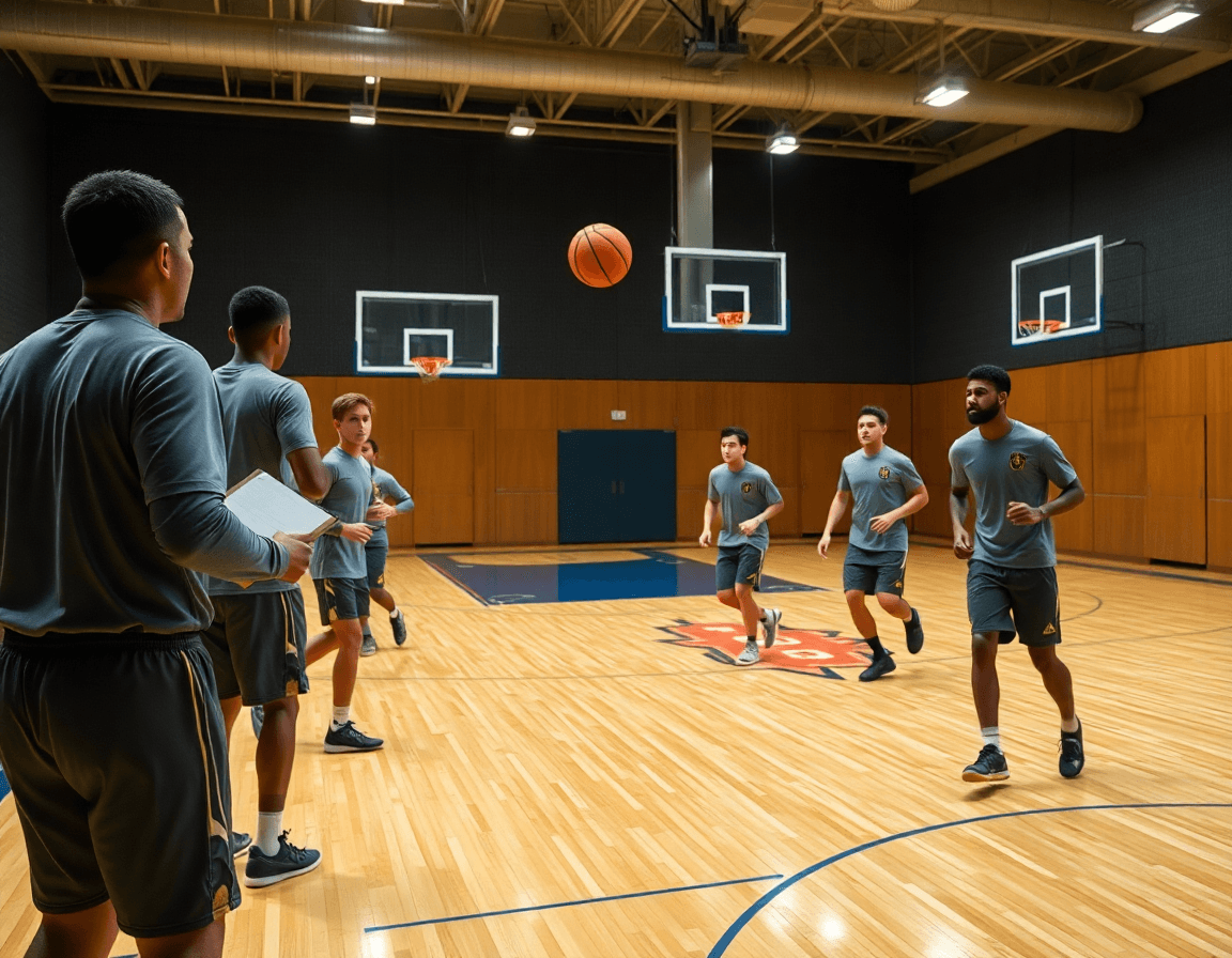Plan d'entraînement hebdomadaire de tactique basket u13 sur le terrain de gym, joueurs en action.