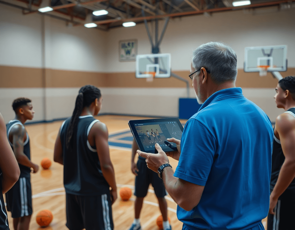 Coach montre une vidéo de scouting sur tablette à l'équipe tactique basket u13 expliquée.
