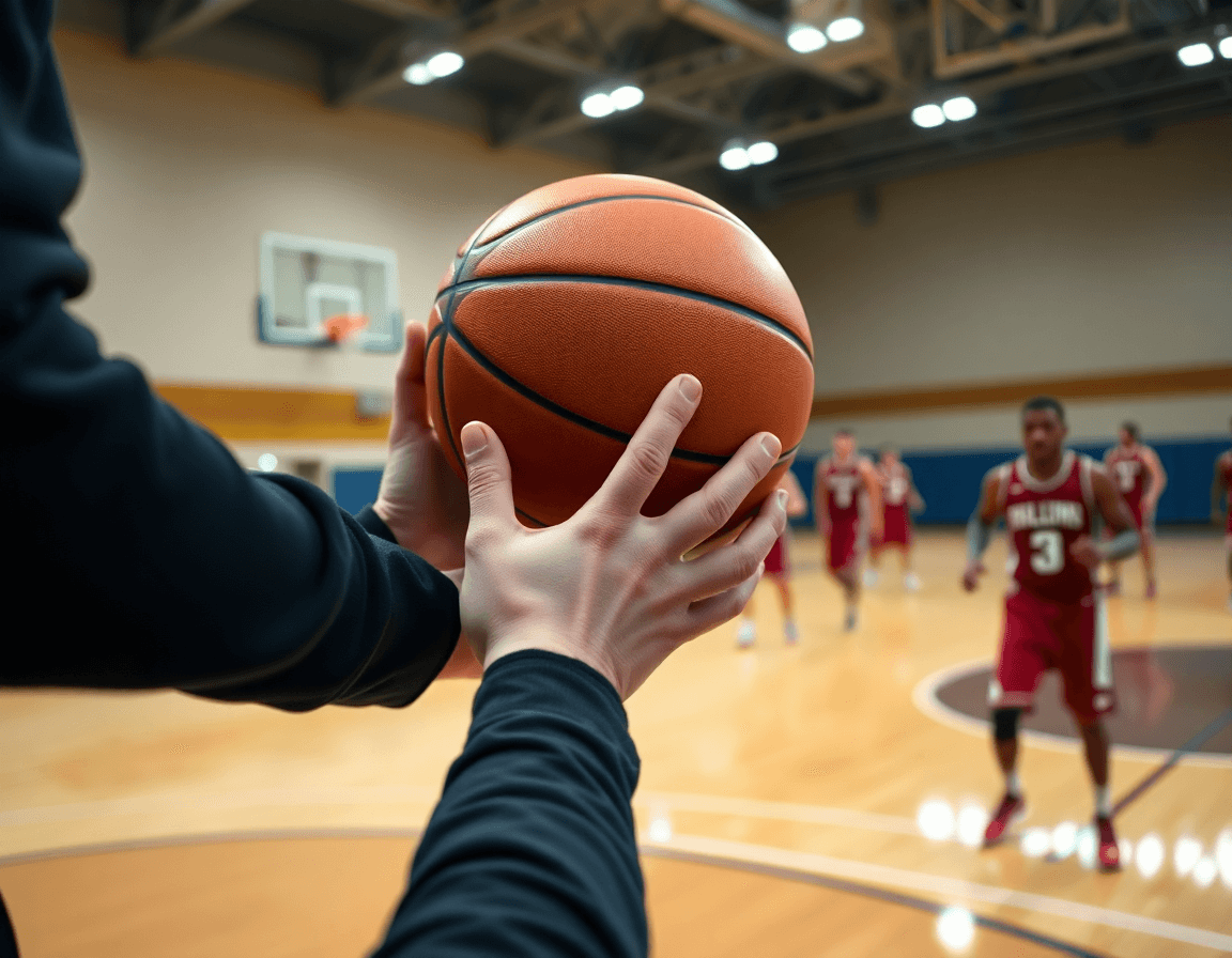 Gros plan sur les mains guidant un basketball lors d'un exercice sur le bois, camarades en arrière-plan.