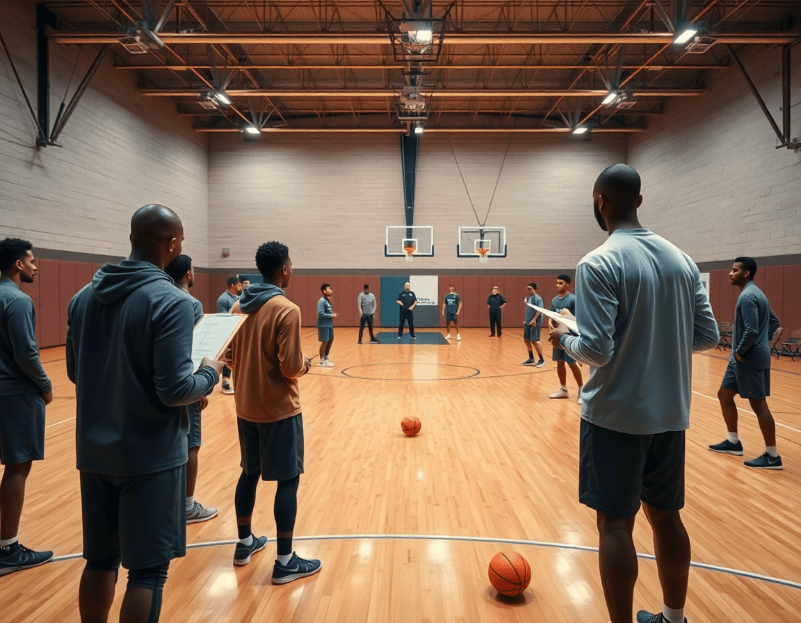 Vue large d'une tactique basket u13 sur un terrain intérieur, coach et joueurs en action.