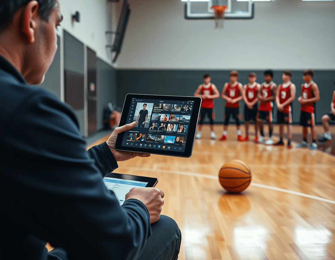 Coach prépare des clips basketball pour l'adversaire, joueurs U15 suivent attentivement, échangeant idées tactiques.