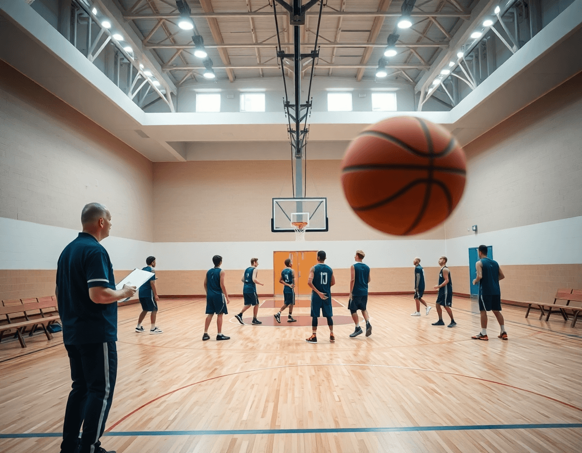 Tactique basket u15 en action sur un terrain de basket, coach et joueurs sous les lumières.