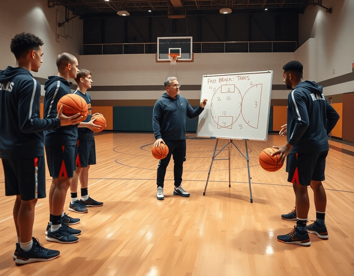 Plan intérieur montre le coach près du tableau blanc sur le parquet de basketball.