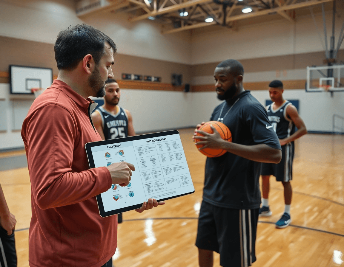 L equipe sur le terrain tablette montrant un PDF tactique coach expliquant le parquet basketball.