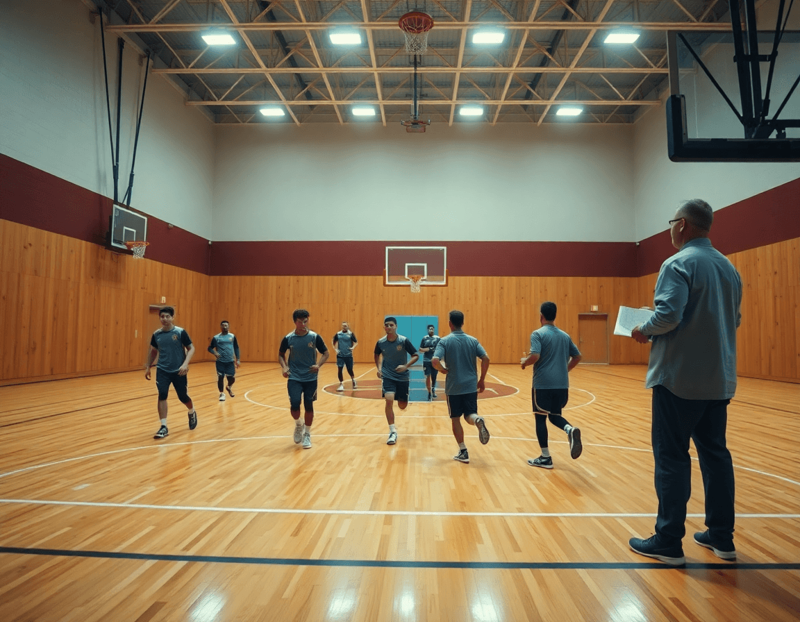 Vue panoramique d un gymnase de basketball avec des joueurs tactique basketball pdf sur le tableau.