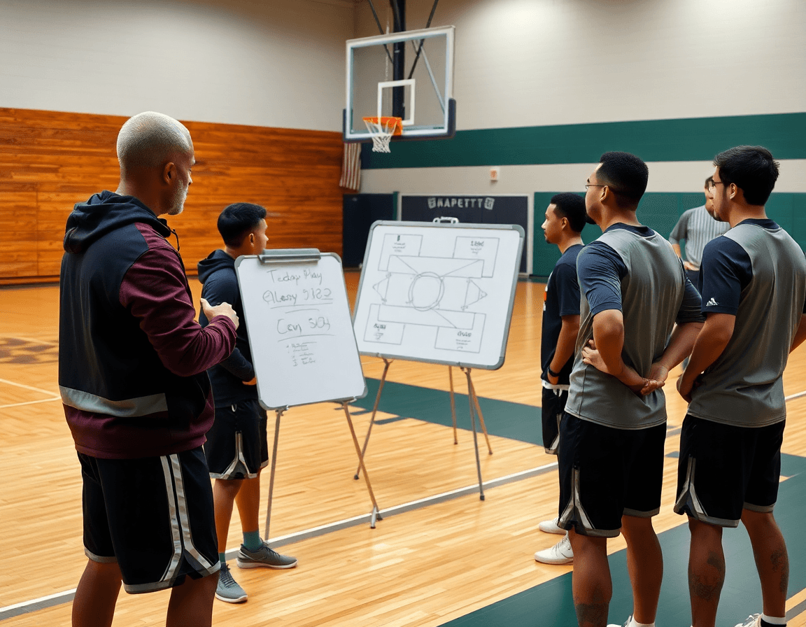Gros plan sur le coach dessinant une action sur le tableau tactique basketball pendant l'entraînement.