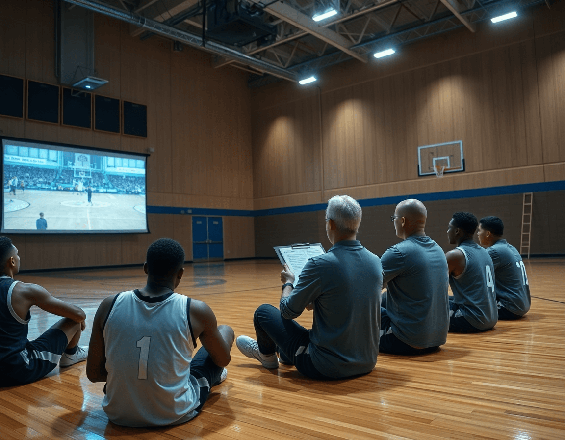 Plan serré sur des joueurs regardant des clips basketball sur un écran, l'entraîneur note les actions.