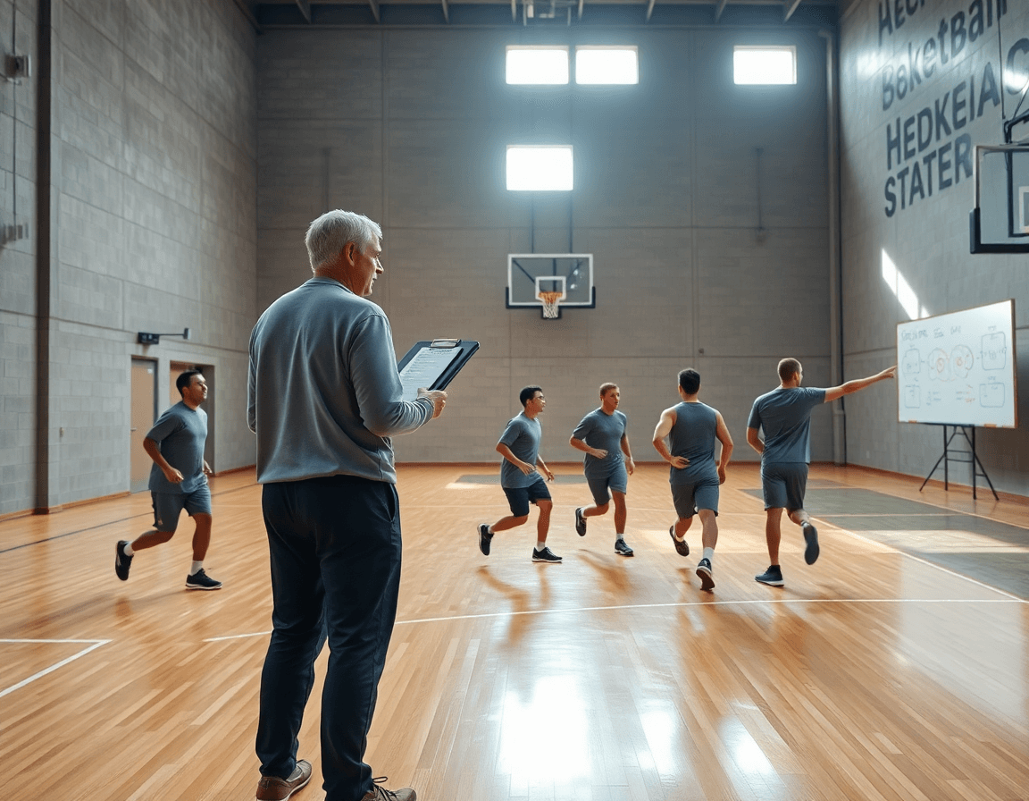 Plan large d'un gymnase de basketball montrant tactique basketball sur le tableau et les joueurs en action.