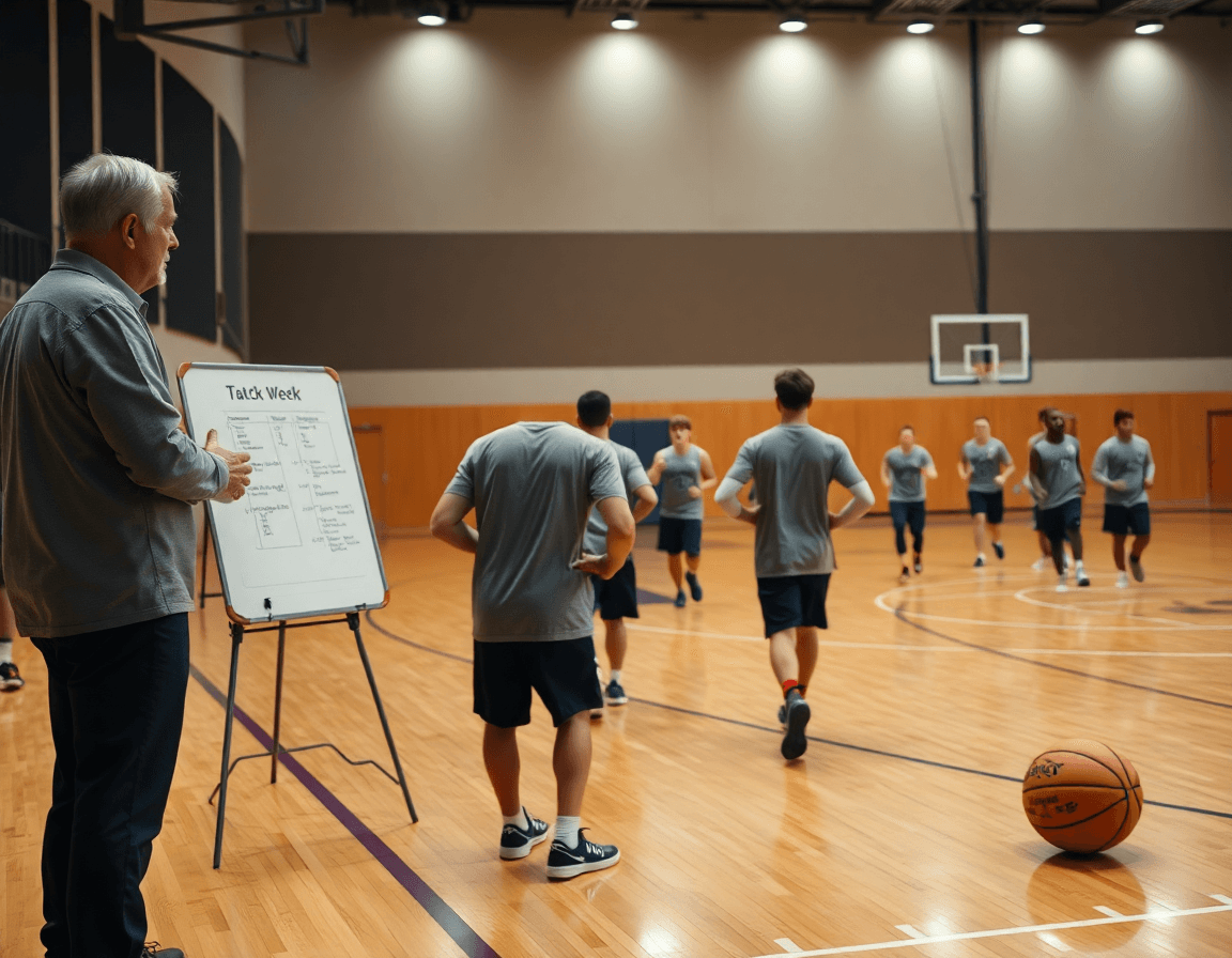 Plan de défense à la semaine affiché sur le tableau blanc, coach et joueurs de basketball en gym.