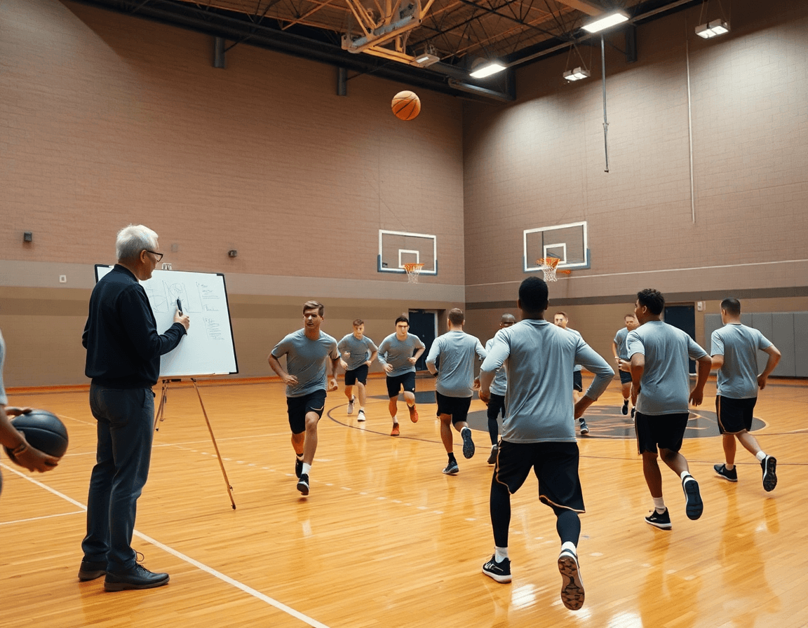 Vue panoramique d'un gym de basketball; tactique defensive basket en action pendant l'entraînement.