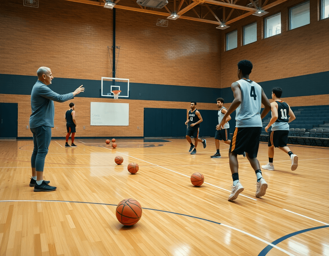 Top basket en France: gros plan sur un basketball sur court, coach guidant un drill.