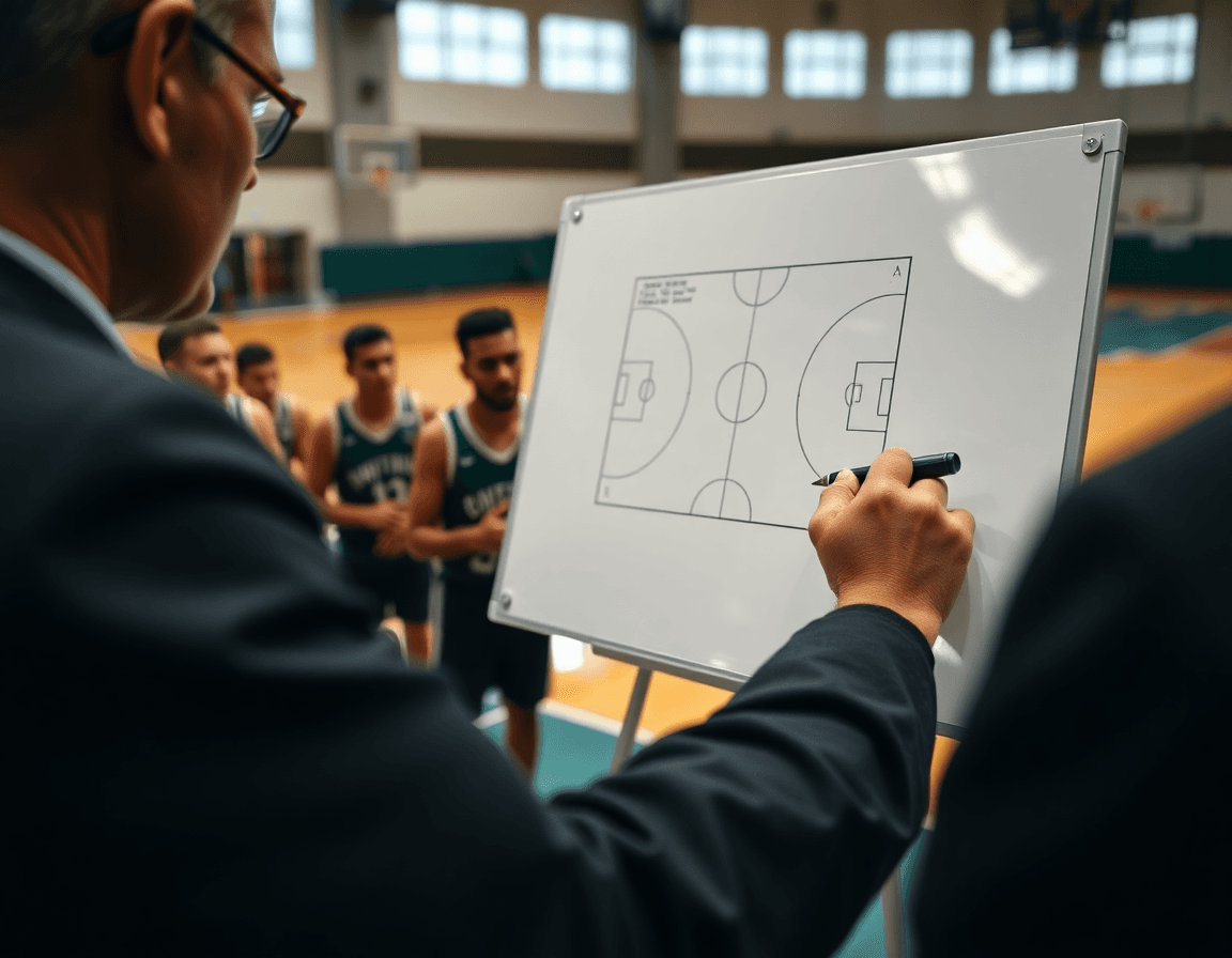 Top basket en France: close-up sur les mains du coach dessinant un diagramme basketball pour le scouting.
