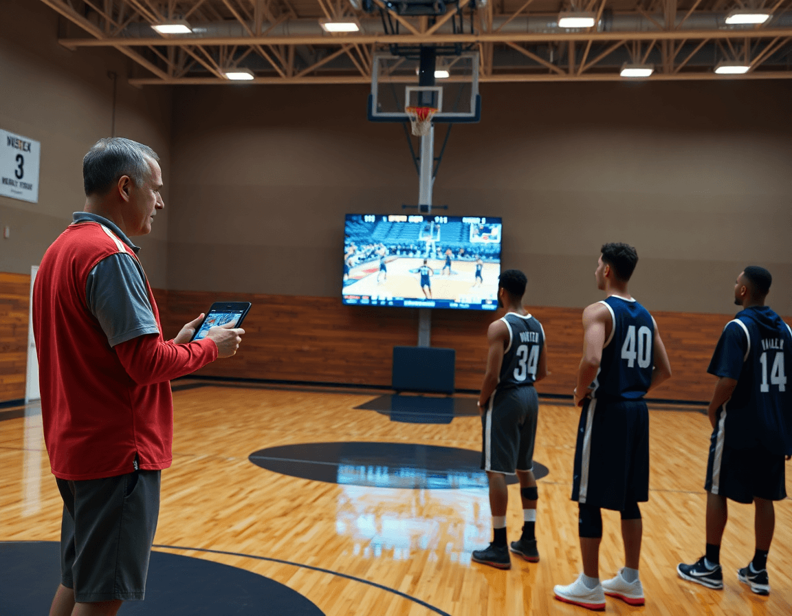 Top basket en France: coach montrant des clips basketball sur tablette, joueurs regardent les highlights sur écran.