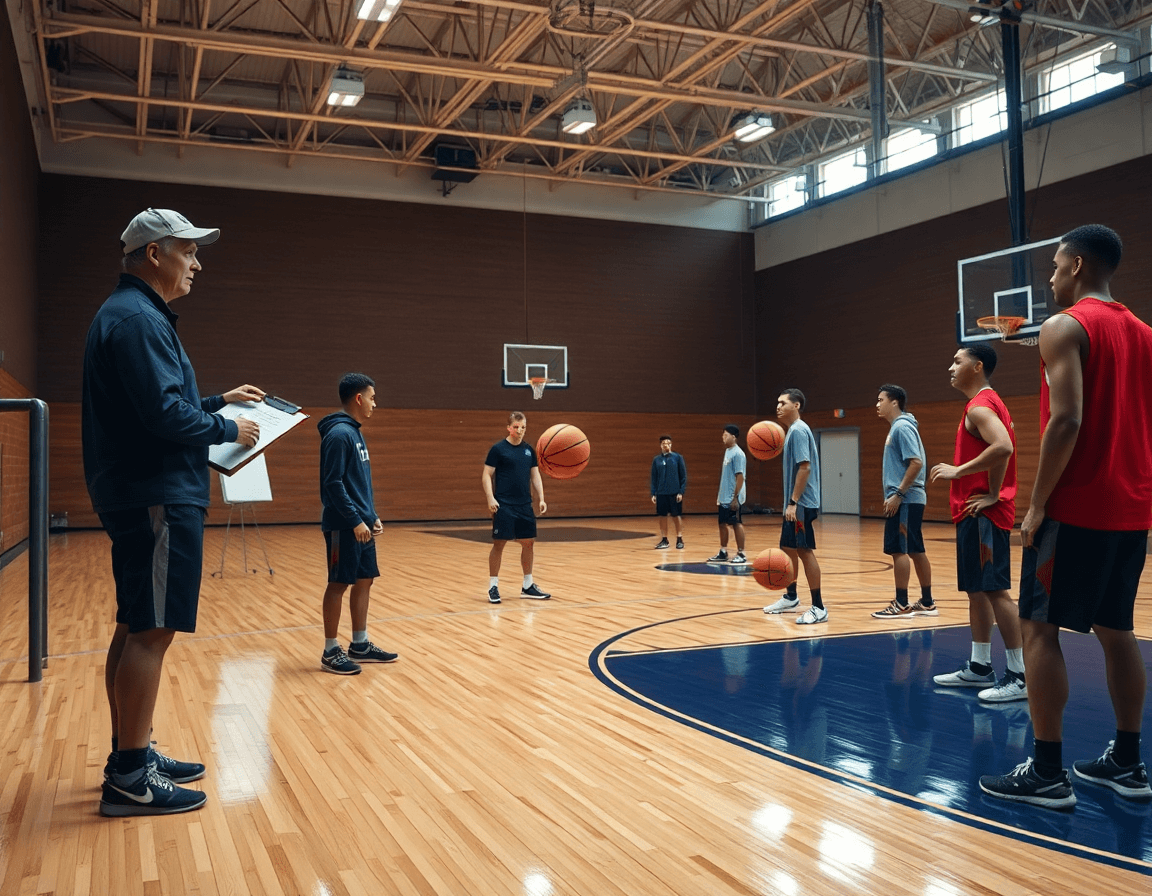 Top basket en France: vue générale d'un basketball sur court, coach guidant un drill.