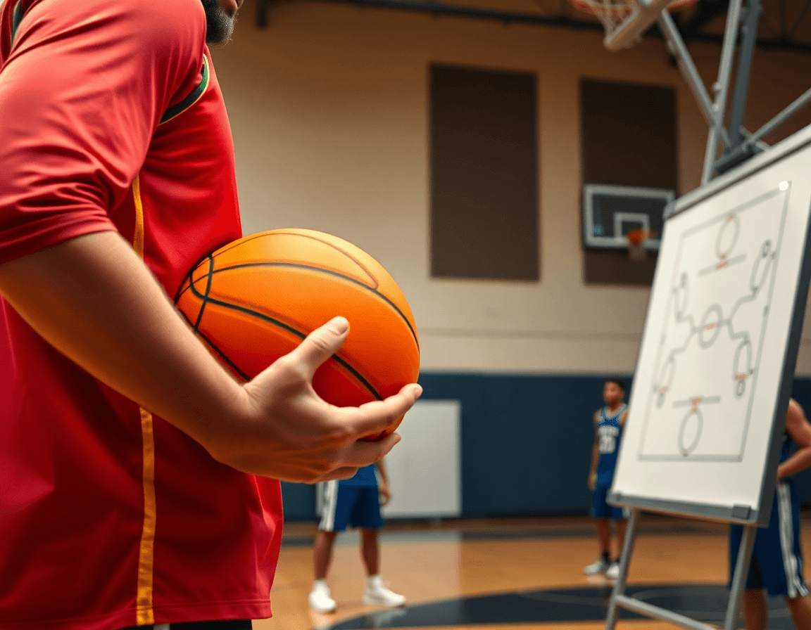 Plan serré sur le coach dessinant un top basketball sur le tableau tactique, balle de basketball en main.