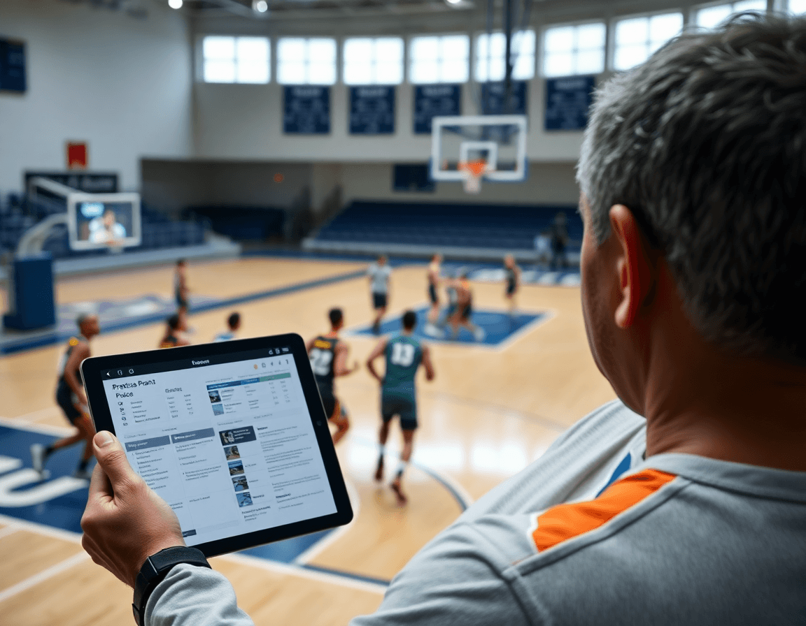 Plan serré sur le coach consultant un Practice Plan pour le top basketball, avec des clips vidéo.