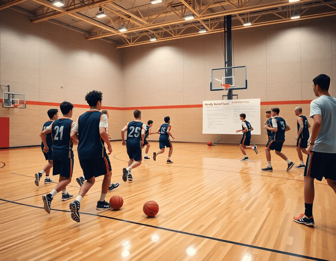 Plan serré montrant une séance basketball U16 sur un terrain intérieur lumineux.