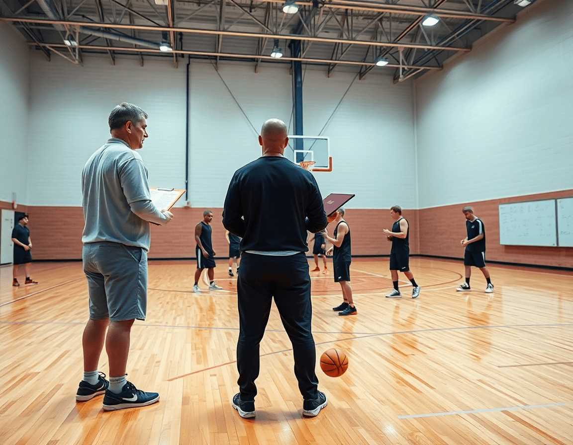 Scène cinématographique de top basketball dans une salle intérieure, entraîneur guidant l'équipe pendant l'entraînement.