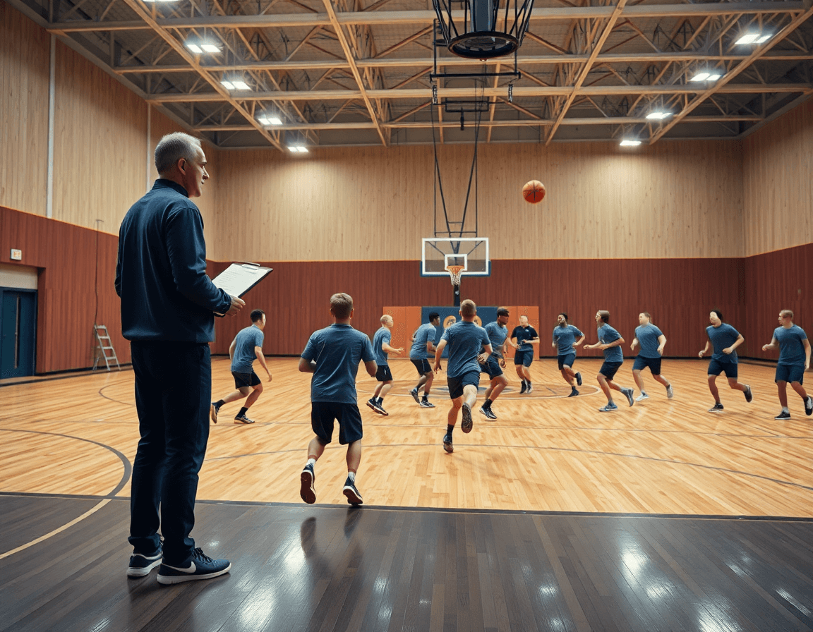 Vue large d'un gymnase de basketball, coach et équipe pendant une séance de statistique basket.