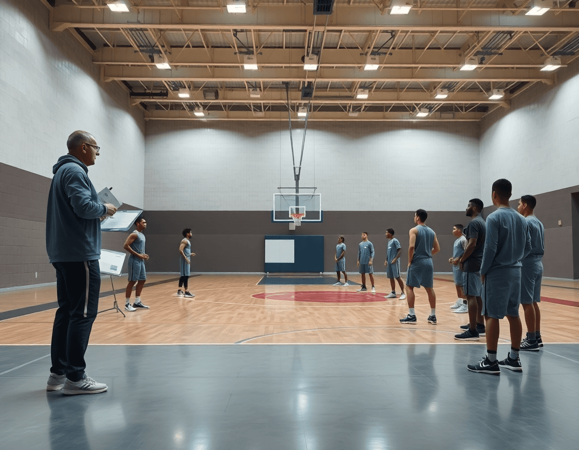 Plan large sur une salle de basket, zone defense basket expliquée par le coach à ses joueurs.