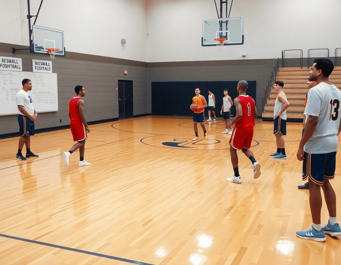 Scena di ala basket in inglese che riceve istruzioni dal coach durante una semplice esercitazione.