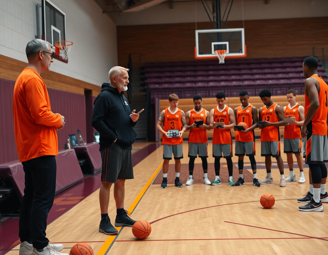 Video e feedback: coach discute clip su laptop mentre la squadra guarda, allenando ala basket in inglese.