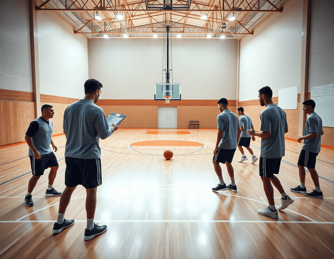 Scena ampia di pallacanestro in palestra: coach e ala basket in inglese in allenamento davanti al canestro.