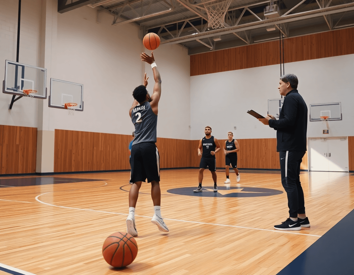 Ala grande in allenamento di basket sul lato del campo, coach con clipboard osserva.