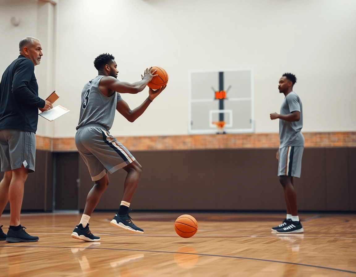 Ala grande esegue tiro al tre punti, movimento e mobilità durante l'allenamento di basket.