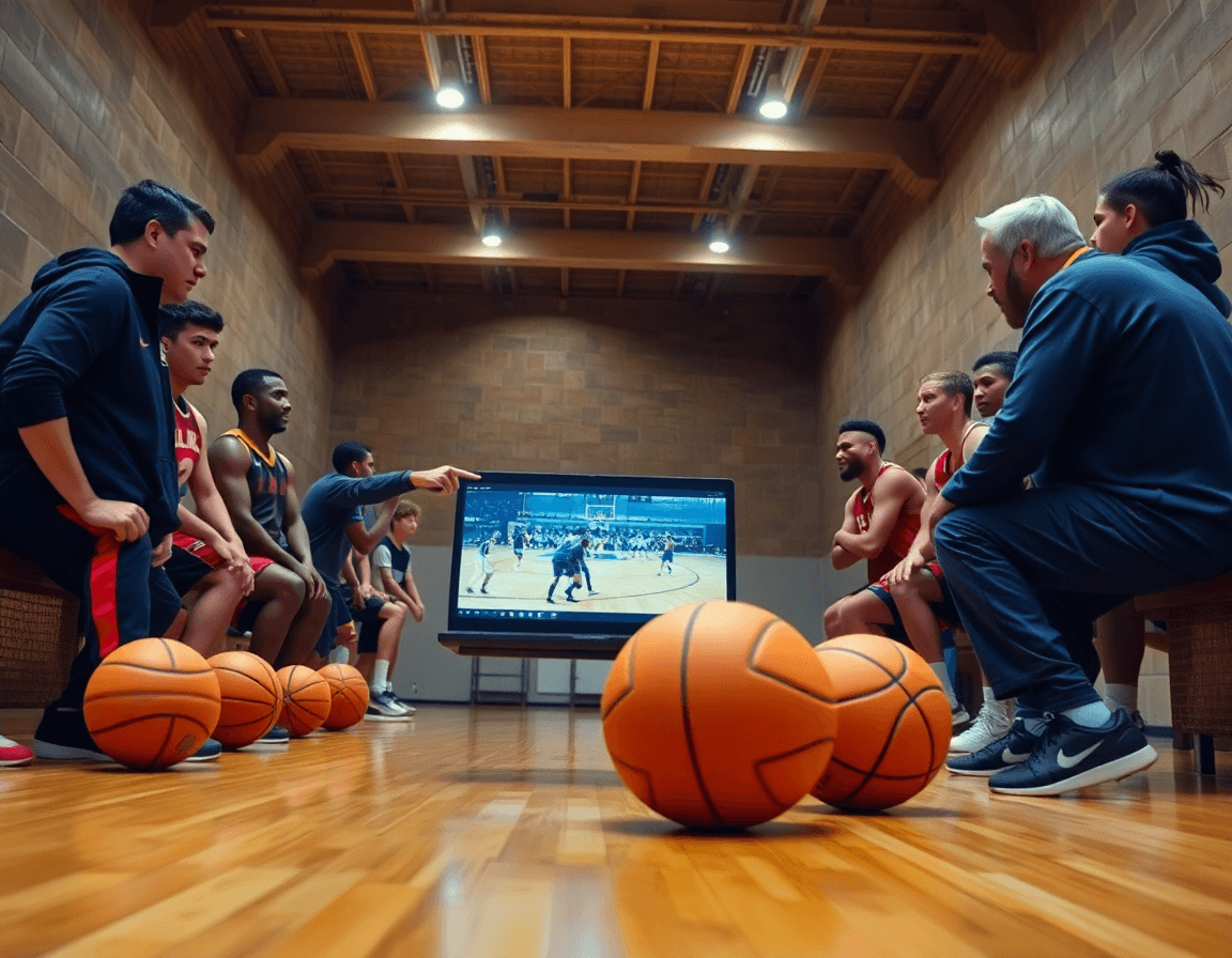 Coach mostra appunti di scouting su una clipboard mentre i giocatori guardano un video.