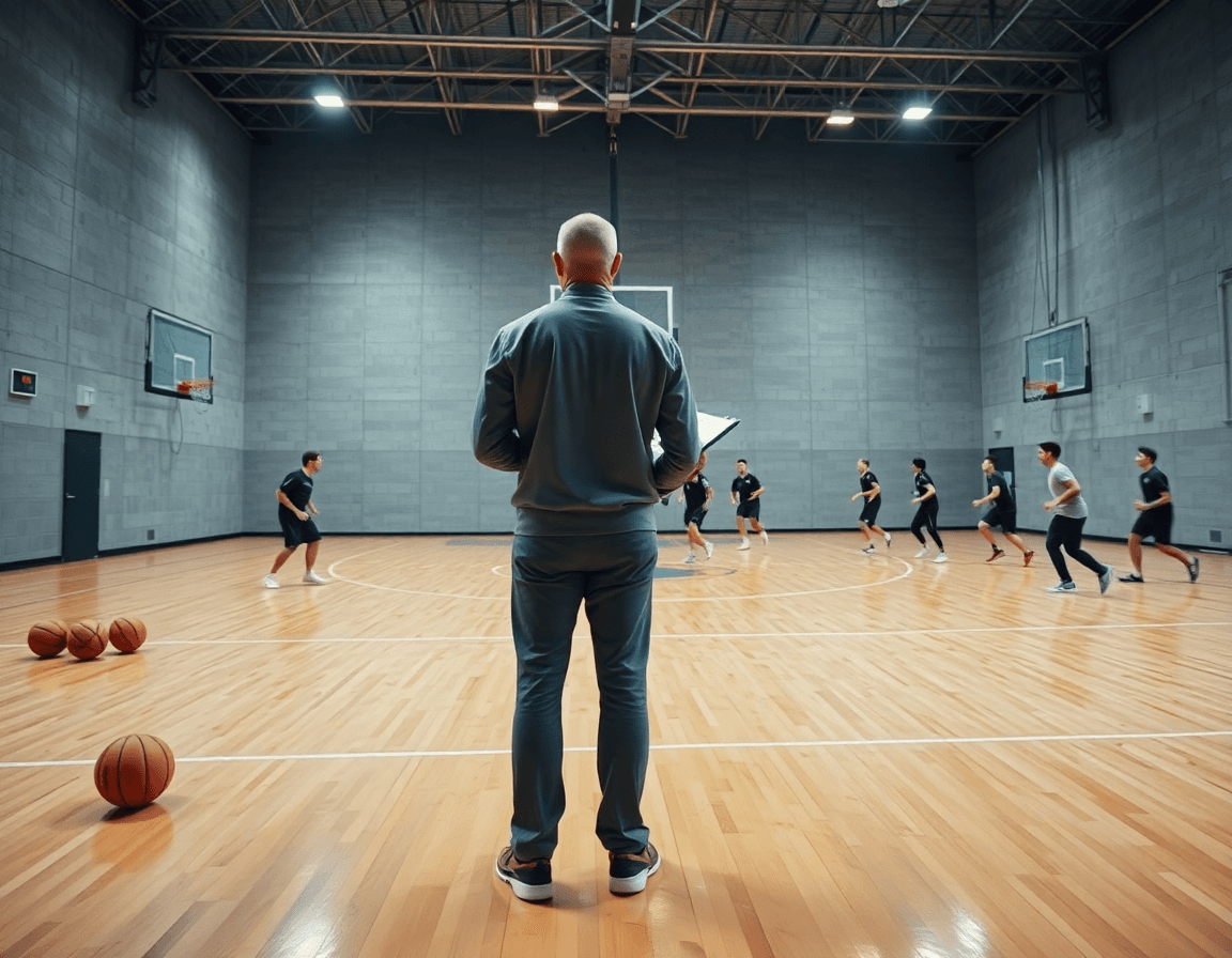 Ala grande e squadra di basket in palestra, coach con clipboard guida una sessione completa di allenamento.