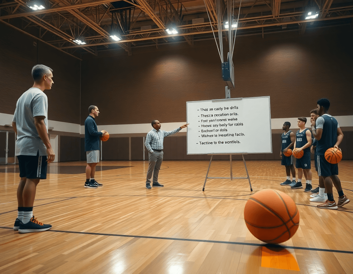 Ala piccola basket in inglese: coach spiega drill semplici davanti a una lavagna tattica.