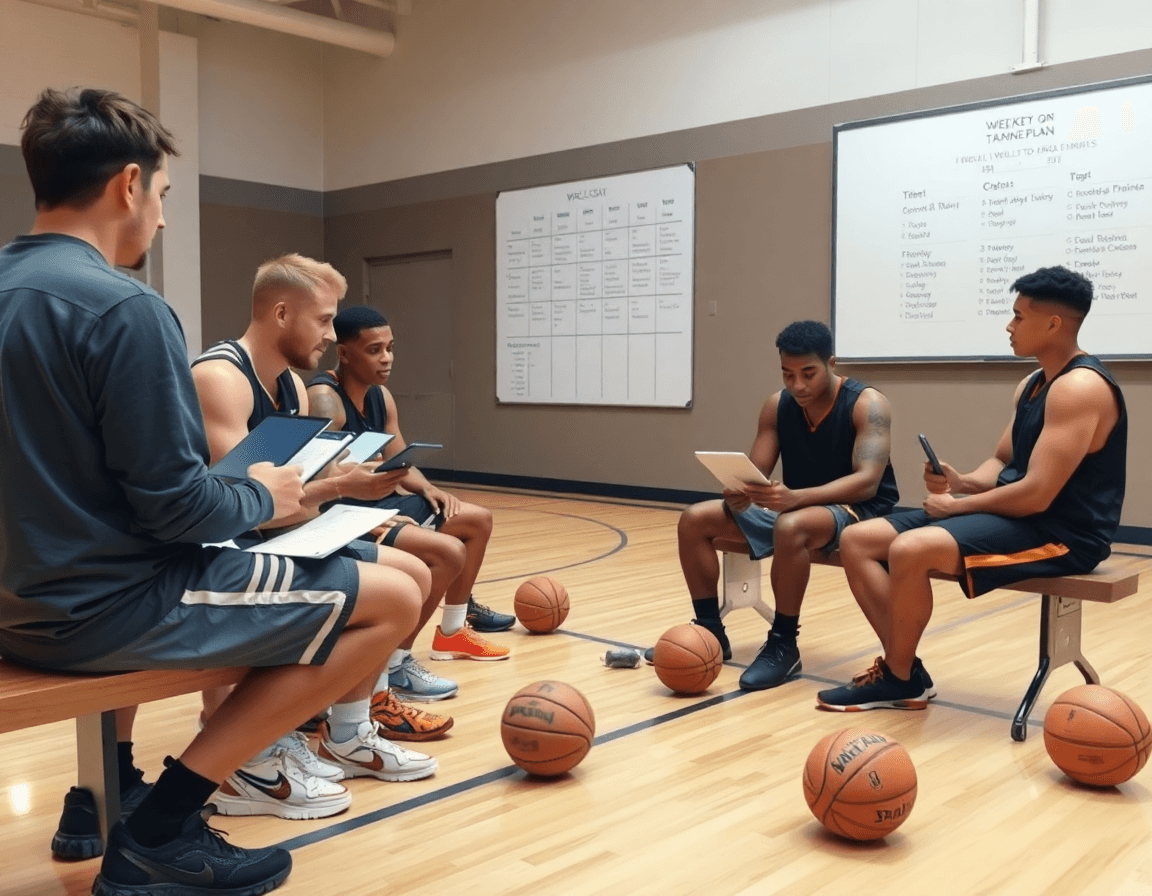 Workflow settimana: allenatore e squadra pianificano l'ala piccola basket in inglese con la checklist.