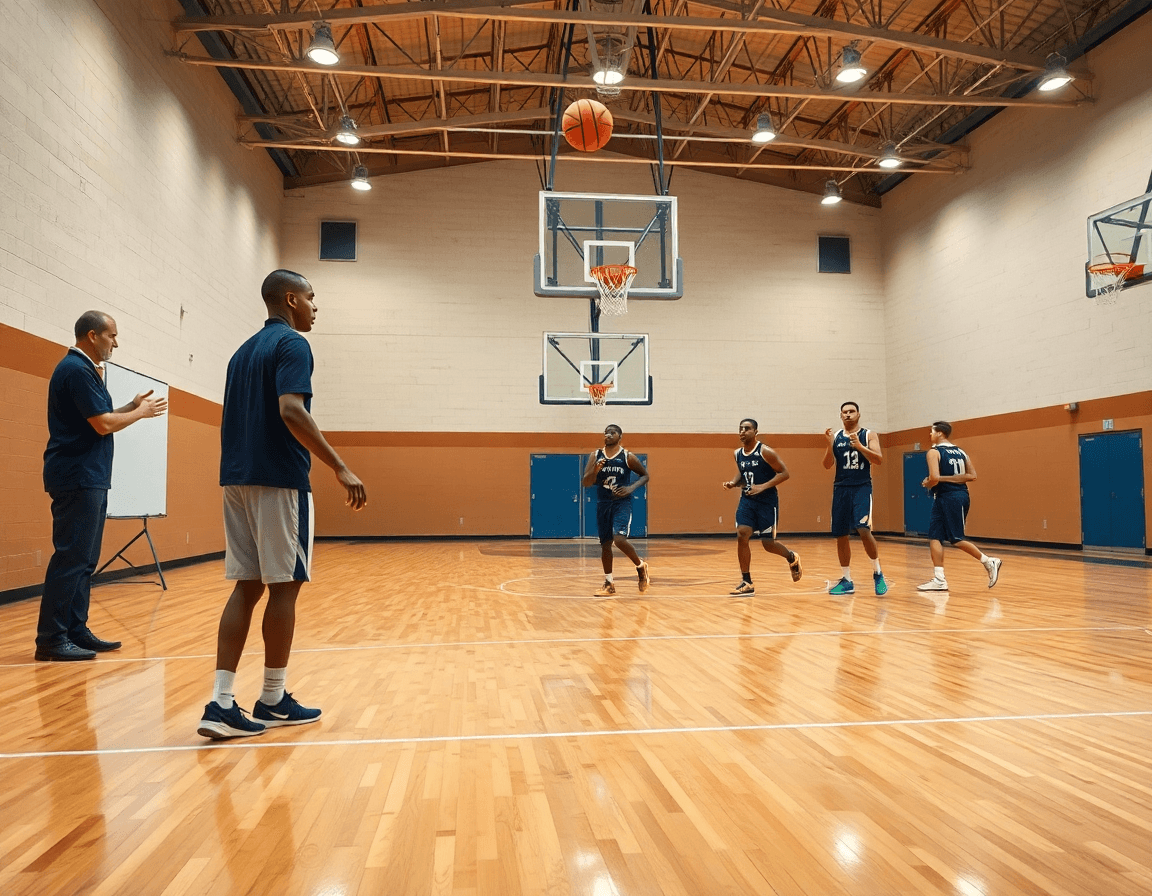 Ala piccola basket in inglese: allenatore bordo campo osserva allenamento intenso sulla palestra.
