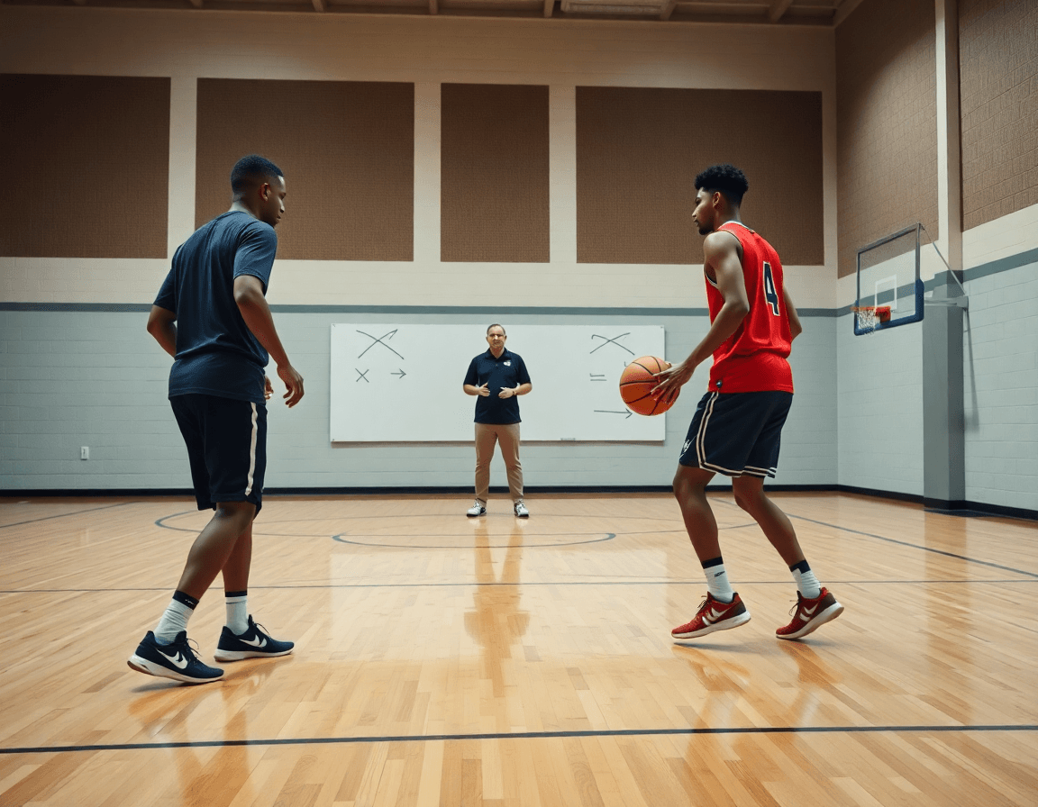 allenamenti basket: primo piano su drill in palestra con coach e pallone arancione.