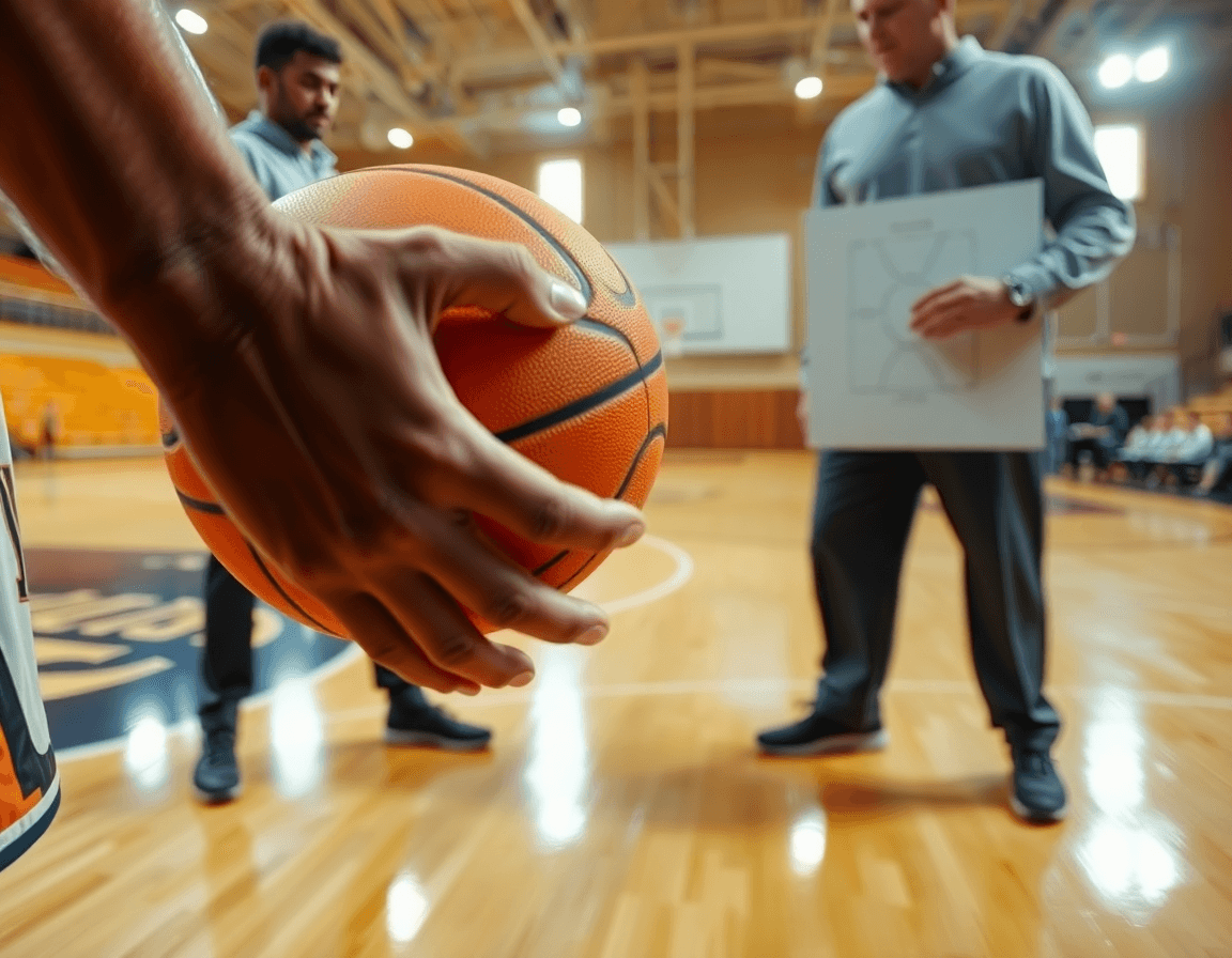 Primo piano su mani e pallone durante una chiamata tattica di allenamenti basket in palestra.