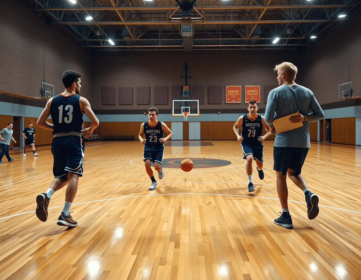scena ampia: allenamenti basket con giocatori che corrono vicino al mezzo campo sotto luci da palestra.