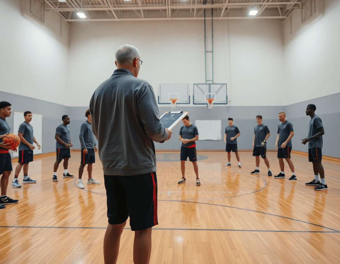 allenamenti basket: coach e squadra in palestra durante una sessione completa sul parquet.